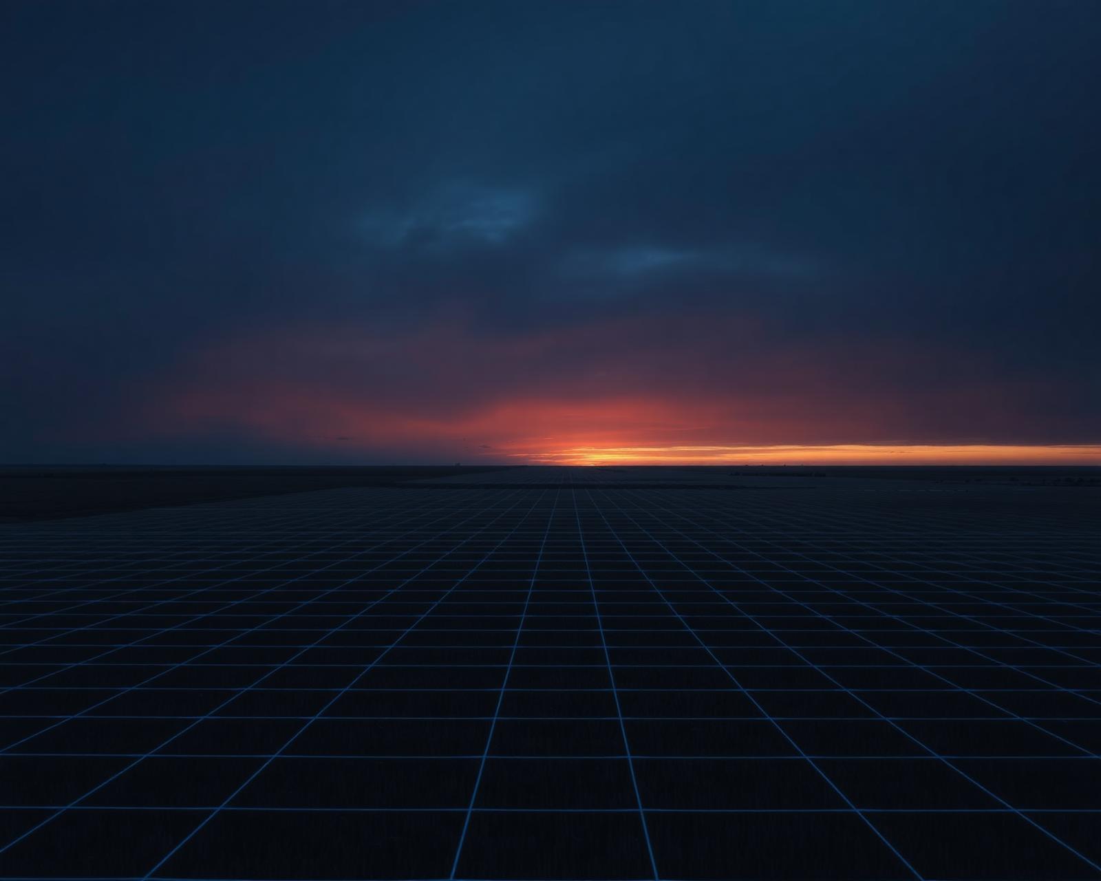 Great Plains horizon at dusk overlaid with a sapphire architectural grid