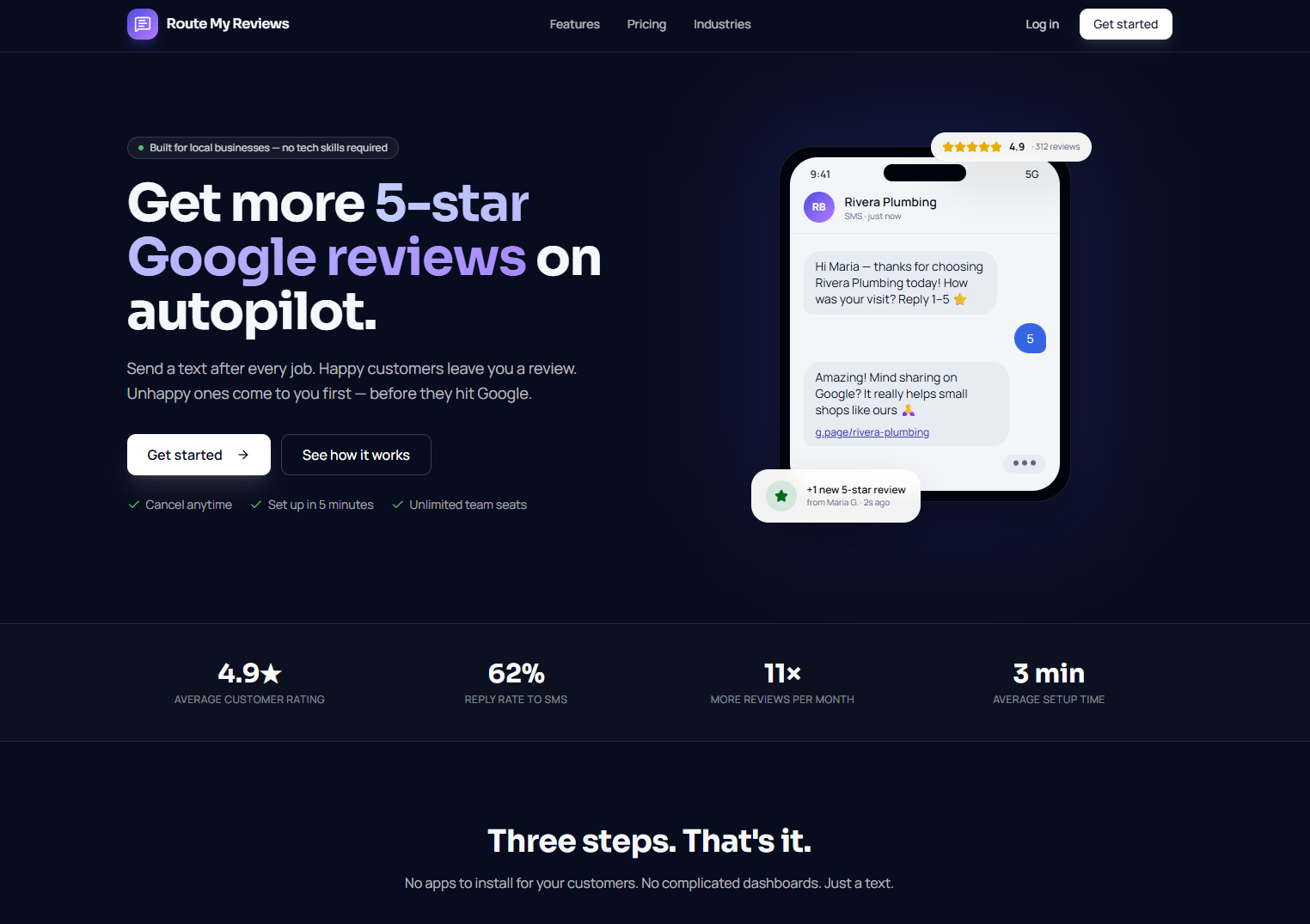 Route My Reviews landing page showing an SMS-driven review request flow on a phone.